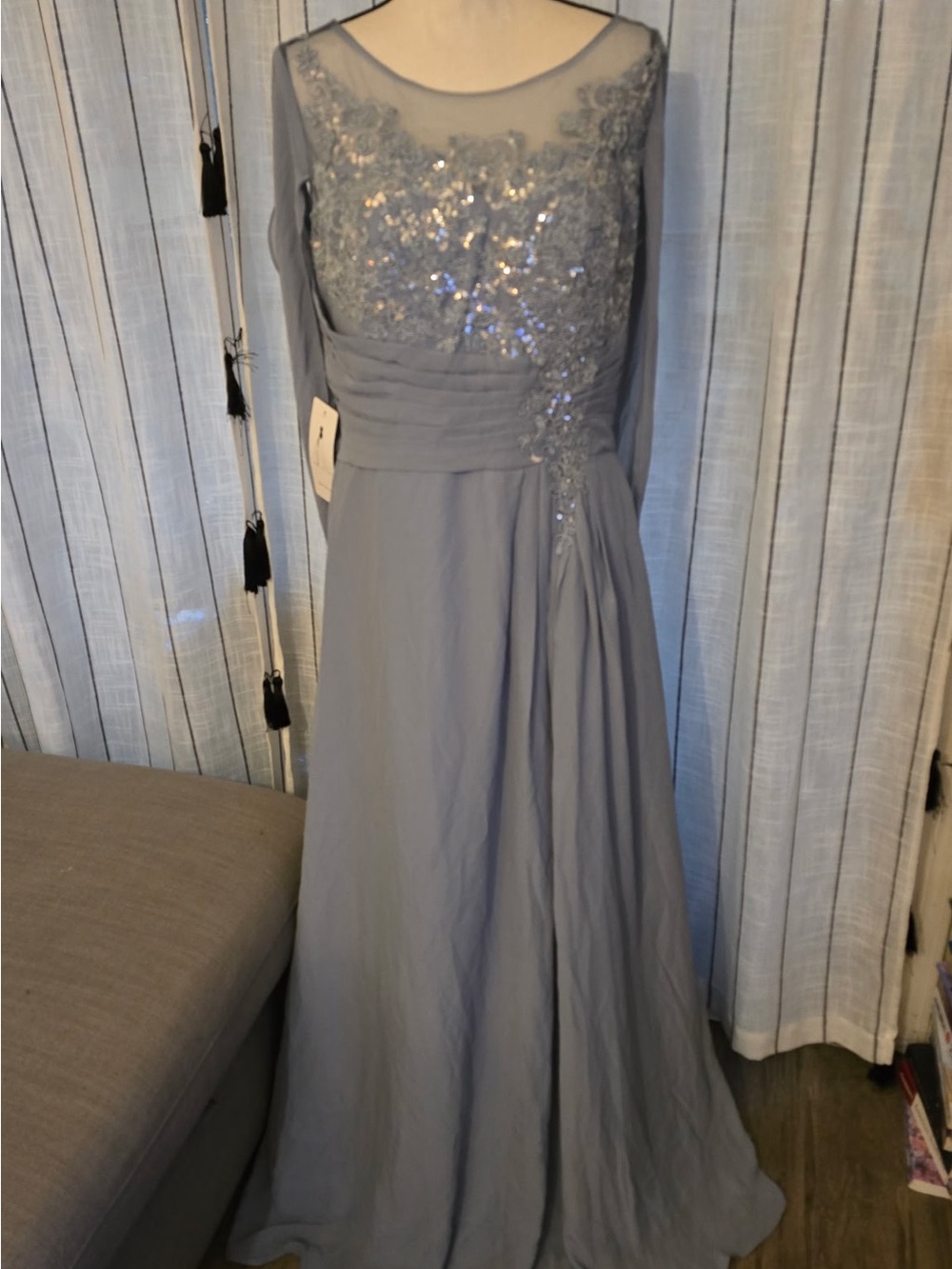 Embellished Sheer Yoke Maxi Dress in Light Blue